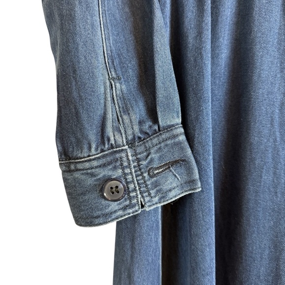 Metallic Blue Denim Maxi Dress Fringe Edging Full Front Button Down Tie Waist - Picture 6 of 9